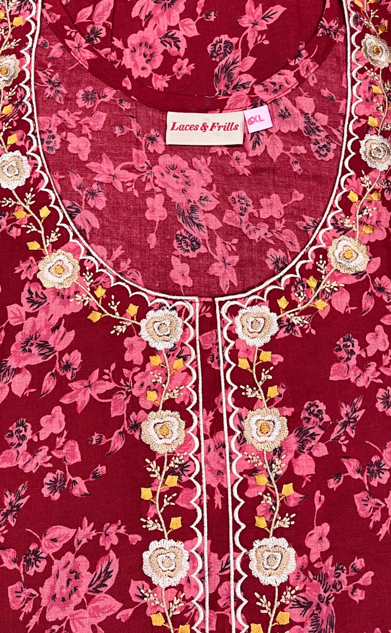 Red Garden Soft Cotton Nighty. Soft Breathable Fabric | Laces and Frills