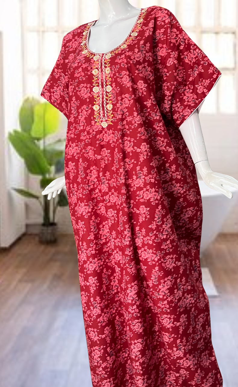 Red Garden Soft Cotton Nighty. Soft Breathable Fabric | Laces and Frills