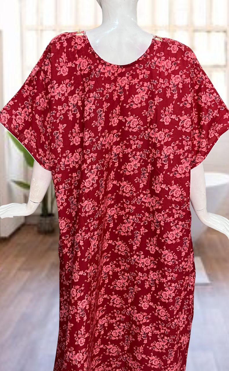 Red Garden Soft Cotton Nighty. Soft Breathable Fabric | Laces and Frills