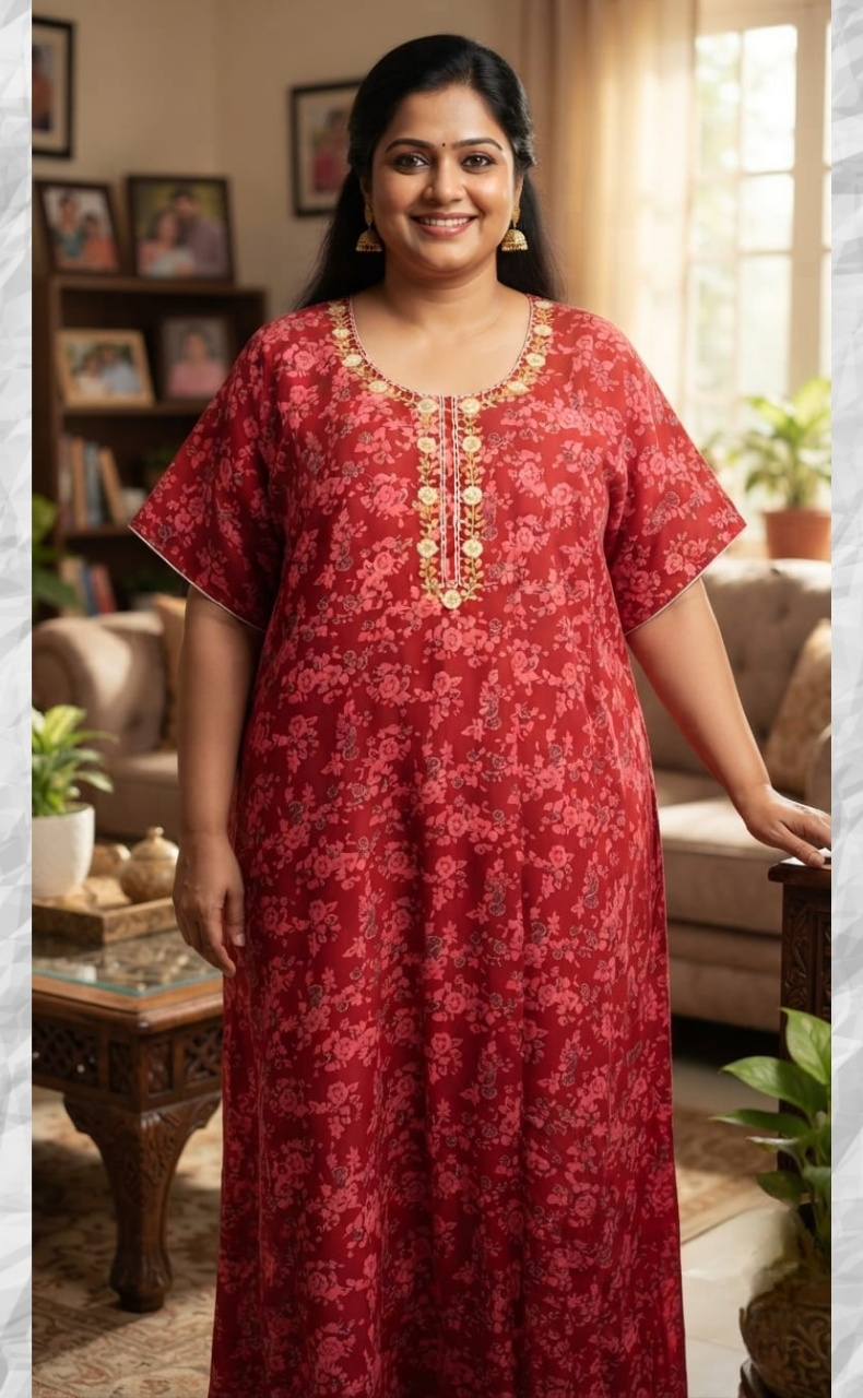 Red Garden Soft Cotton Nighty. Soft Breathable Fabric | Laces and Frills