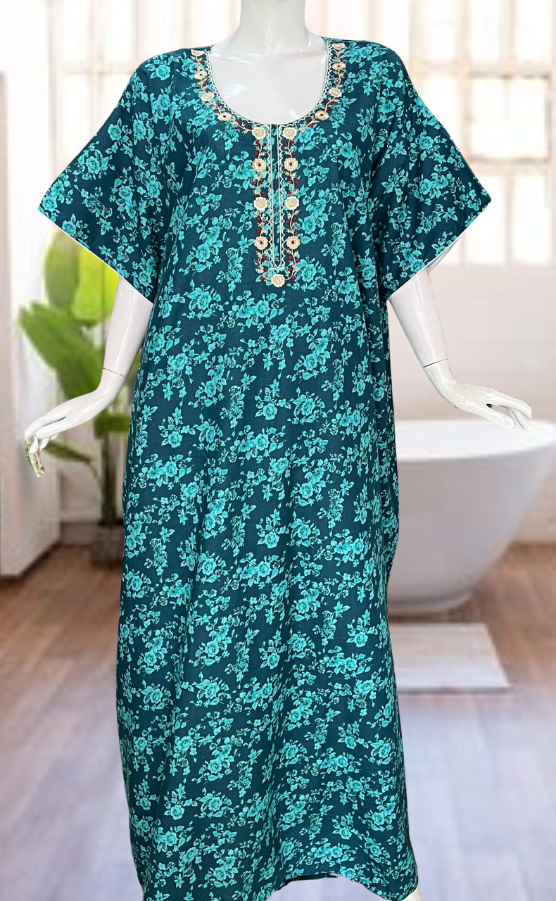 Sea Green Garden Soft Cotton Nighty. Soft Breathable Fabric | Laces and Frills