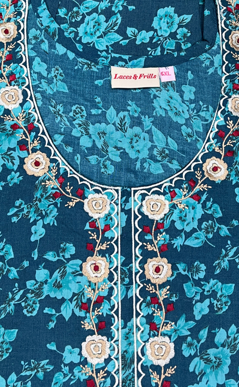 Sea Green Garden Soft Cotton Nighty. Soft Breathable Fabric | Laces and Frills