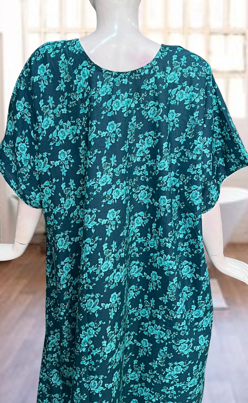 Sea Green Garden Soft Cotton Nighty. Soft Breathable Fabric | Laces and Frills