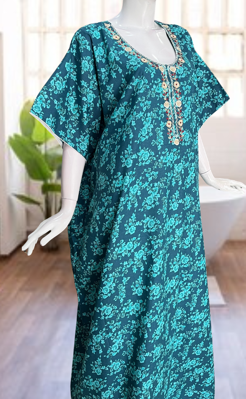 Sea Green Garden Soft Cotton Nighty. Soft Breathable Fabric | Laces and Frills