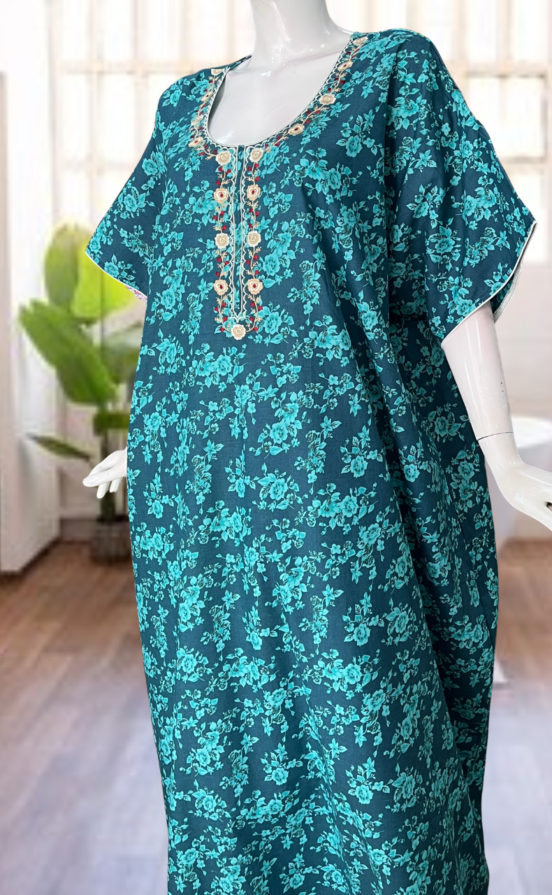Sea Green Garden Soft Cotton Nighty. Soft Breathable Fabric | Laces and Frills