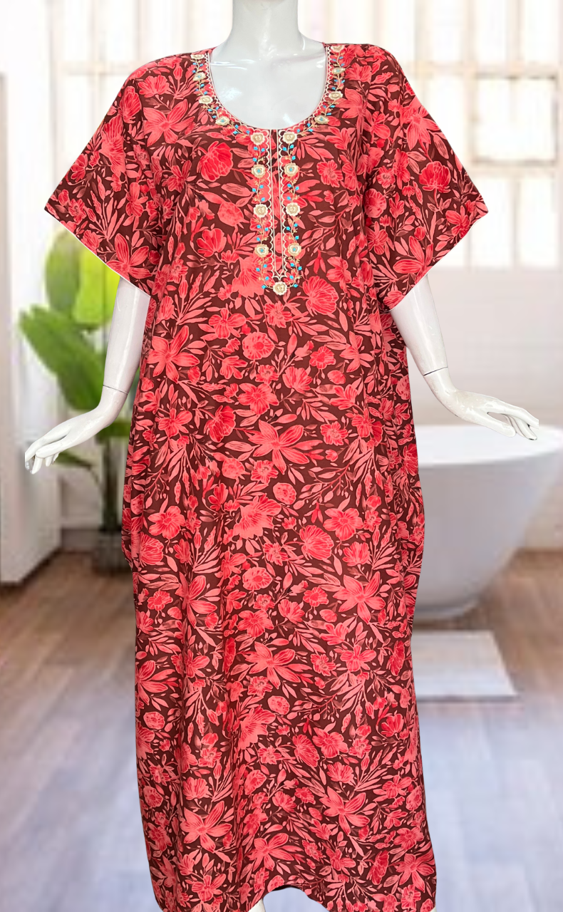 Red Floral Soft Cotton Nighty. Soft Breathable Fabric | Laces and Frills