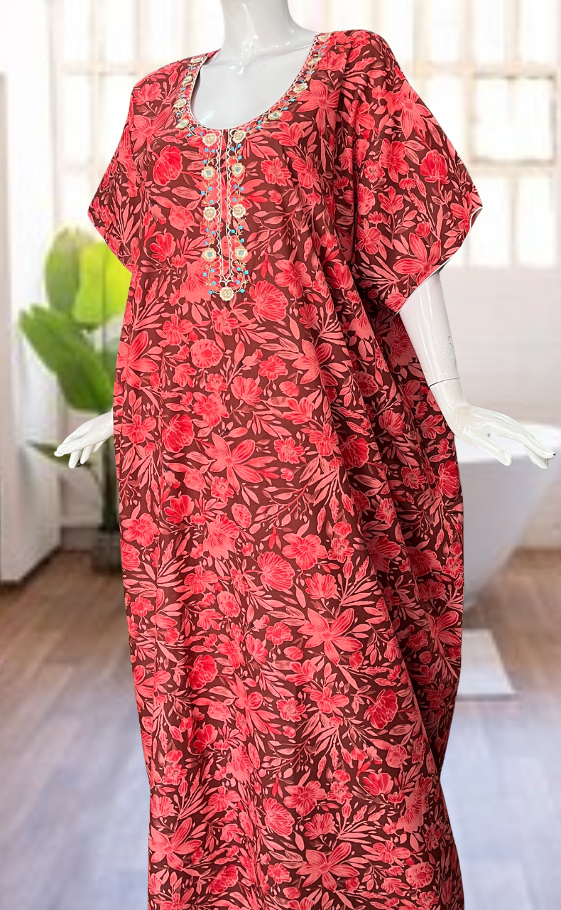 Red Floral Soft Cotton Nighty. Soft Breathable Fabric | Laces and Frills