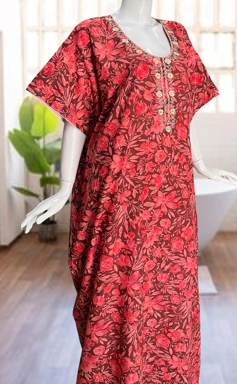 Red Floral Soft Cotton Nighty. Soft Breathable Fabric | Laces and Frills