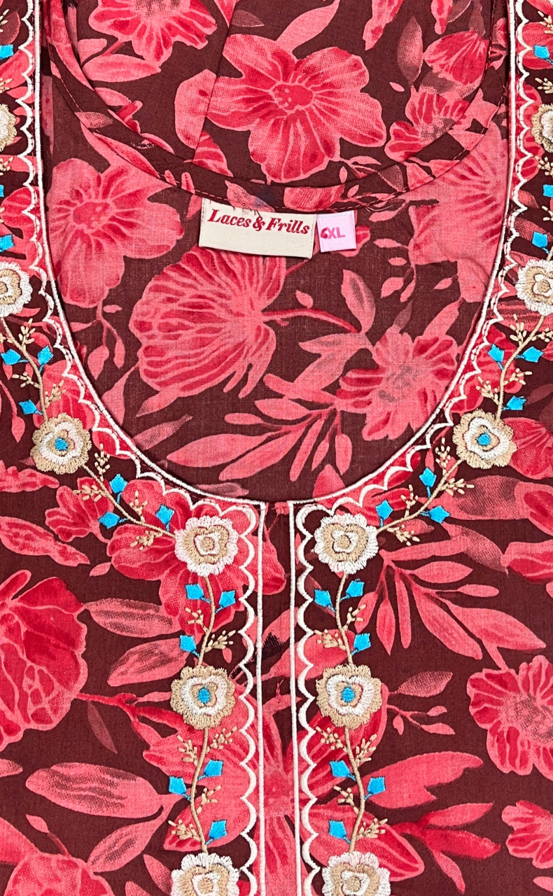 Red Floral Soft Cotton Nighty. Soft Breathable Fabric | Laces and Frills