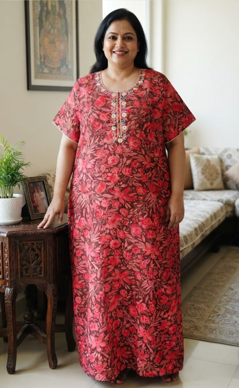 Red Floral Soft Cotton Nighty. Soft Breathable Fabric | Laces and Frills