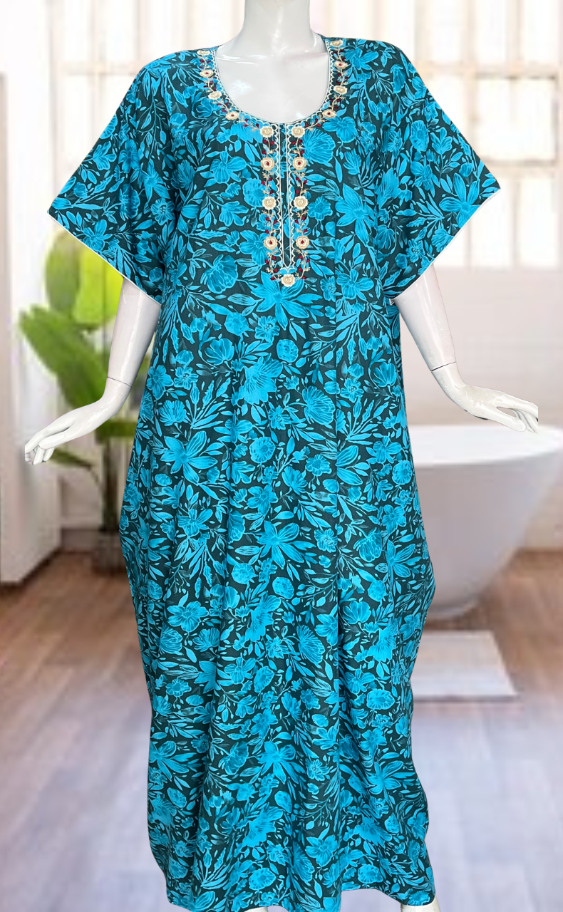Sky Blue Floral Soft Cotton Nighty. Soft Breathable Fabric | Laces and Frills