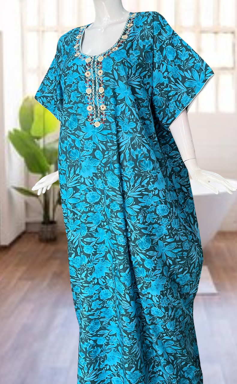 Sky Blue Floral Soft Cotton Nighty. Soft Breathable Fabric | Laces and Frills