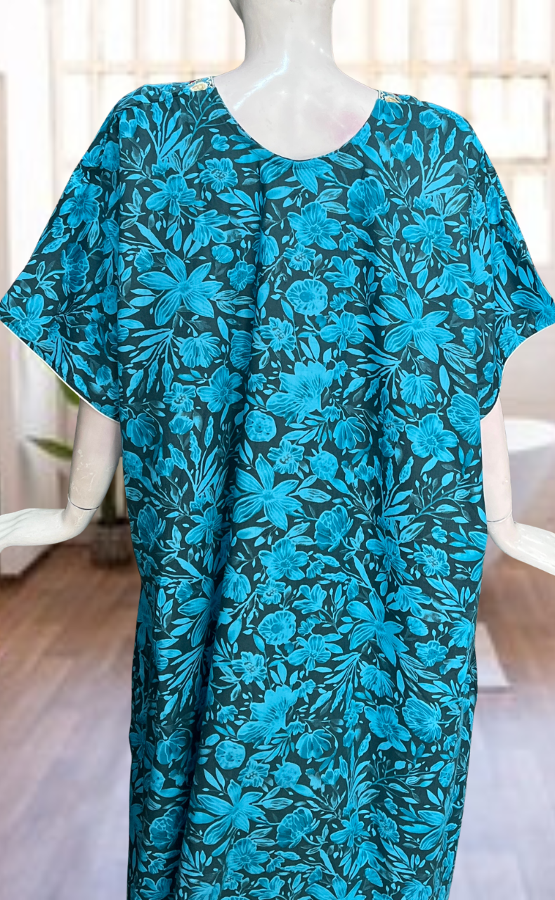 Sky Blue Floral Soft Cotton Nighty. Soft Breathable Fabric | Laces and Frills