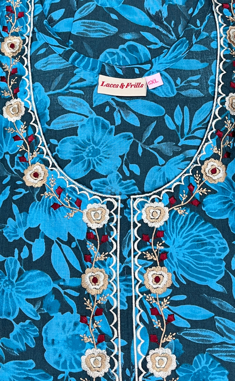 Sky Blue Floral Soft Cotton Nighty. Soft Breathable Fabric | Laces and Frills