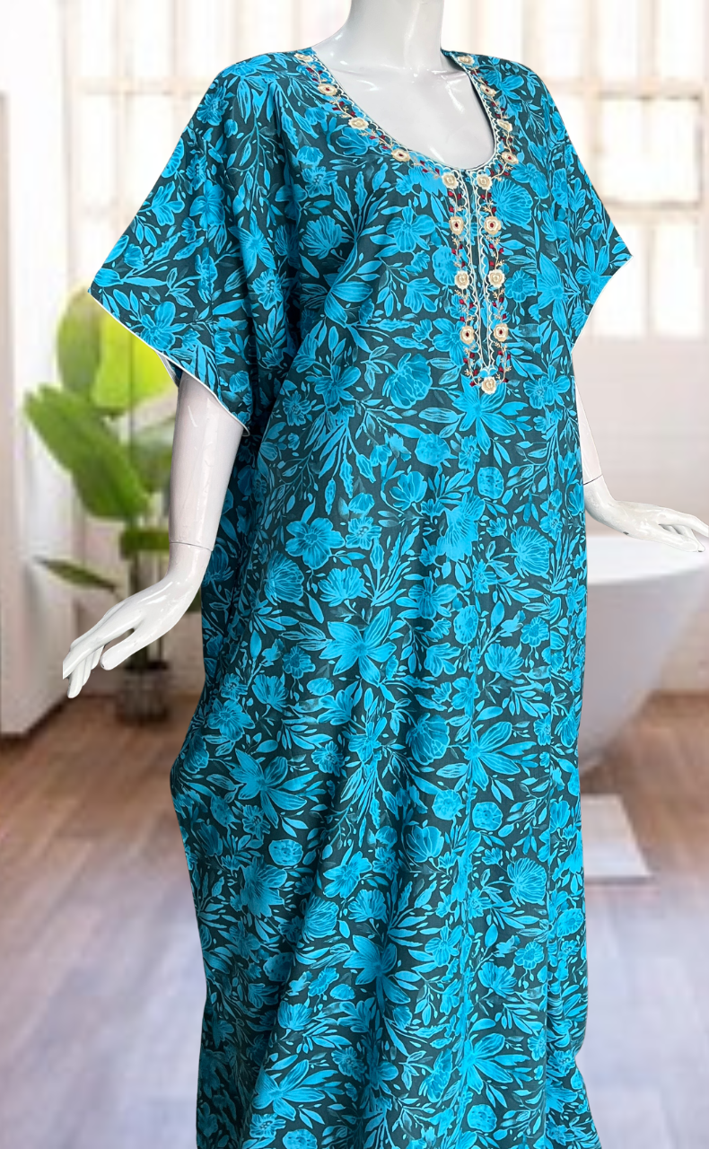 Sky Blue Floral Soft Cotton Nighty. Soft Breathable Fabric | Laces and Frills