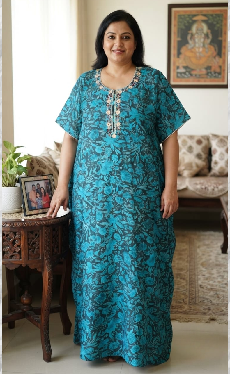 Sky Blue Floral Soft Cotton Nighty. Soft Breathable Fabric | Laces and Frills
