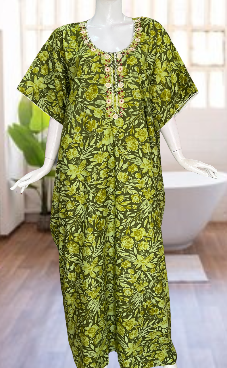 Green Floral Soft Cotton Nighty. Soft Breathable Fabric | Laces and Frills