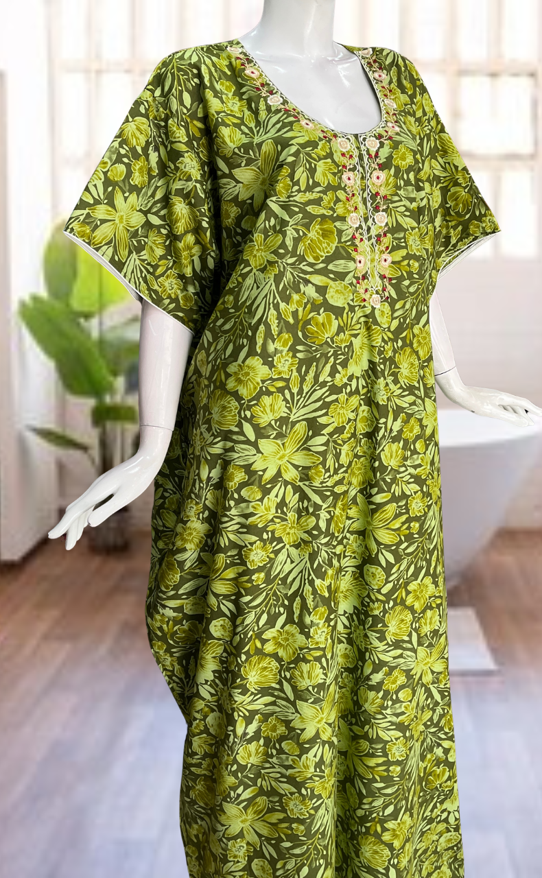 Green Floral Soft Cotton Nighty. Soft Breathable Fabric | Laces and Frills