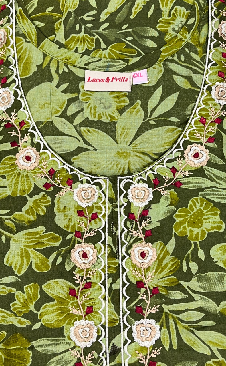 Green Floral Soft Cotton Nighty. Soft Breathable Fabric | Laces and Frills