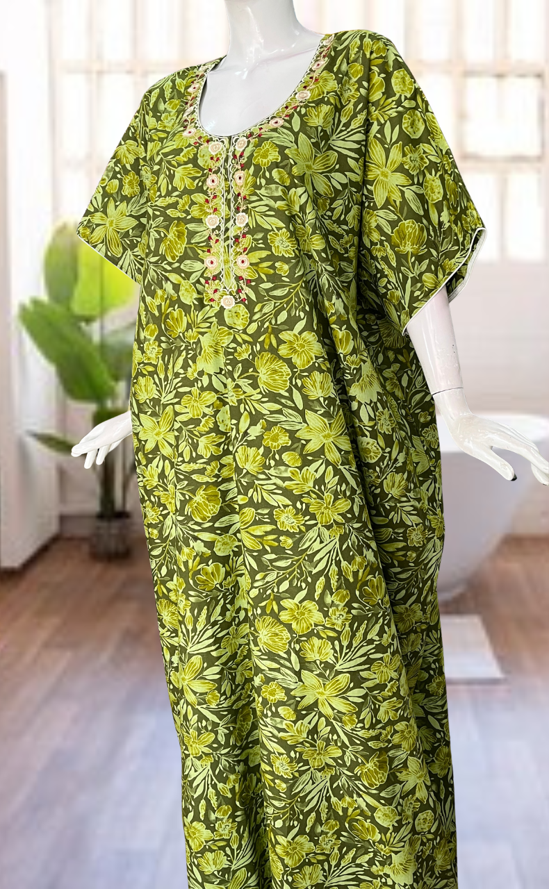 Green Floral Soft Cotton Nighty. Soft Breathable Fabric | Laces and Frills