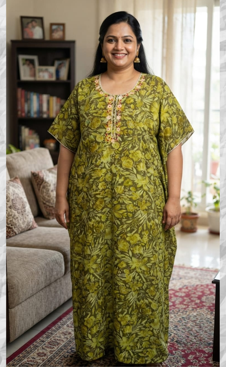 Green Floral Soft Cotton Nighty. Soft Breathable Fabric | Laces and Frills