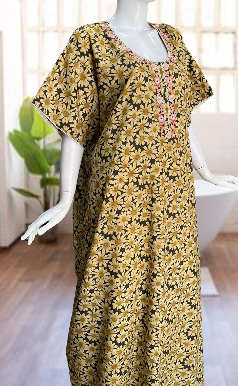 Yellow Floral Soft Cotton Nighty. Soft Breathable Fabric | Laces and Frills