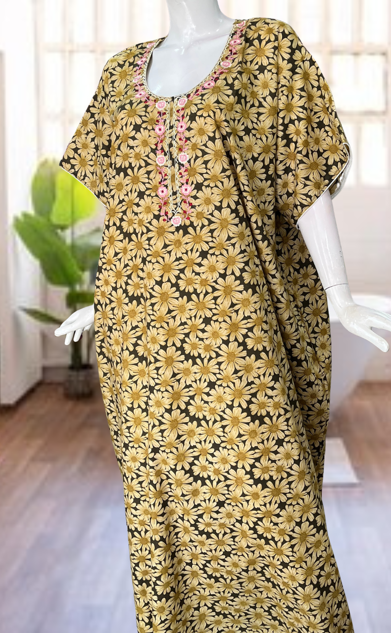 Yellow Floral Soft Cotton Nighty. Soft Breathable Fabric | Laces and Frills
