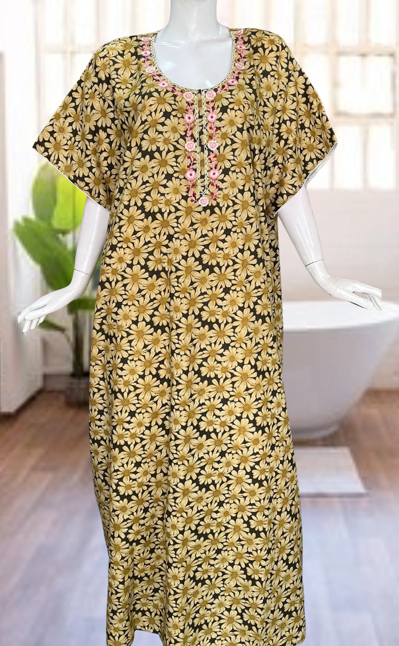 Yellow Floral Soft Cotton Nighty. Soft Breathable Fabric | Laces and Frills