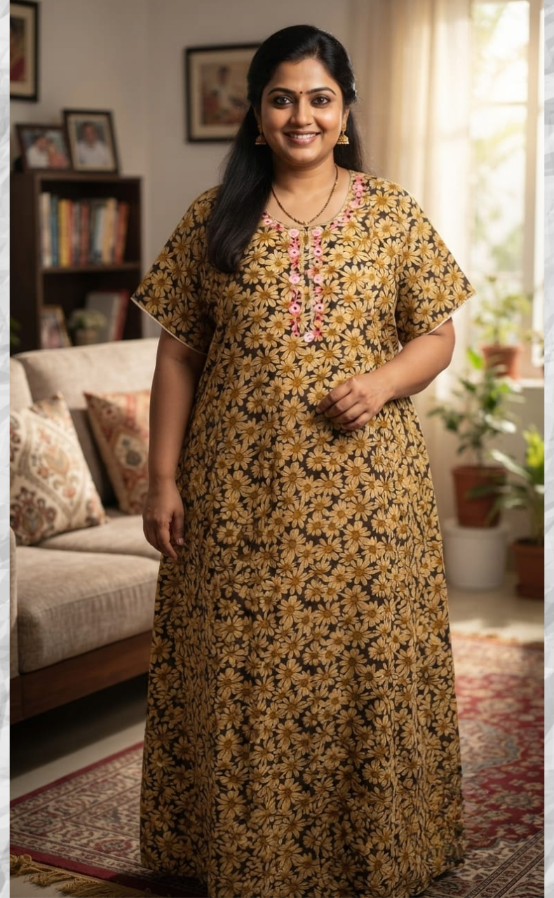 Yellow Floral Soft Cotton Nighty. Soft Breathable Fabric | Laces and Frills