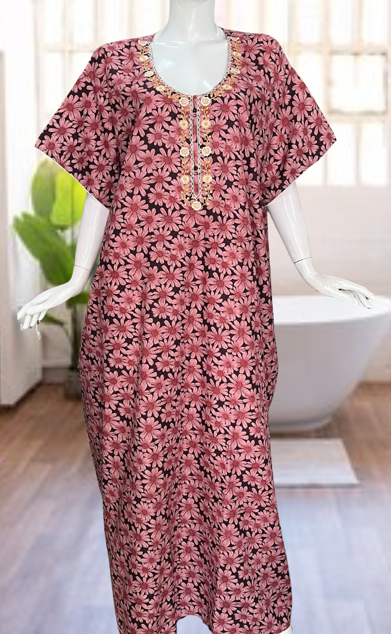 Pink Floral Soft Cotton Nighty. Soft Breathable Fabric | Laces and Frills
