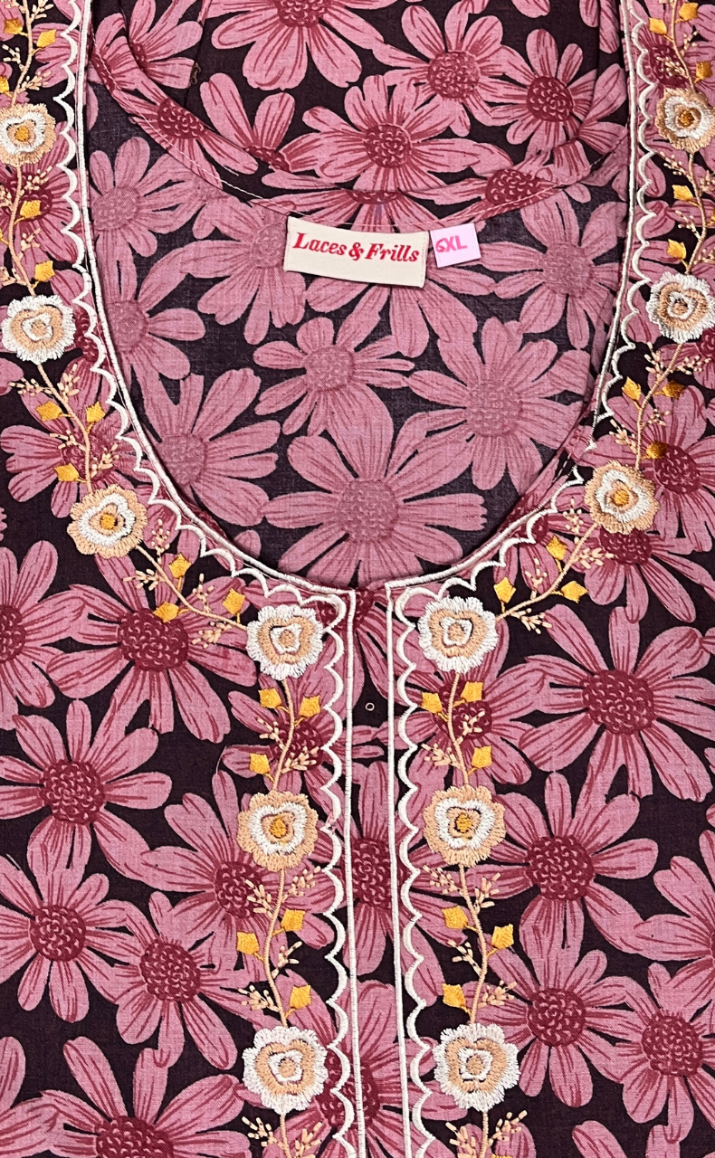 Pink Floral Soft Cotton Nighty. Soft Breathable Fabric | Laces and Frills