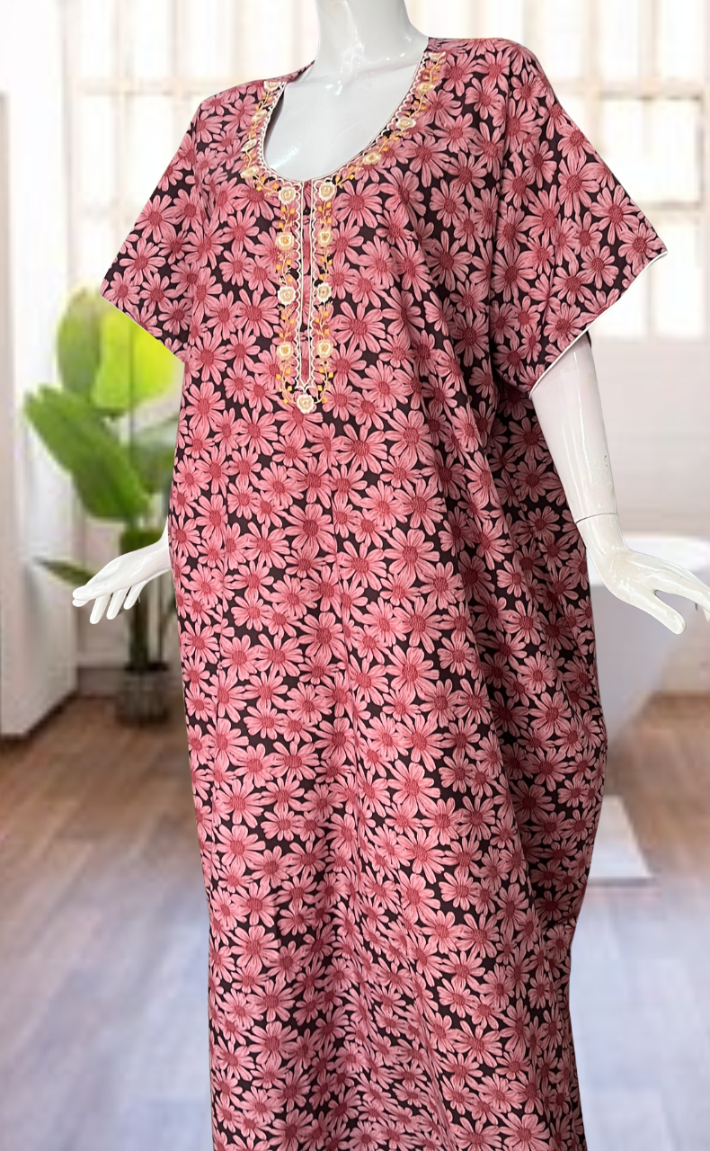 Pink Floral Soft Cotton Nighty. Soft Breathable Fabric | Laces and Frills