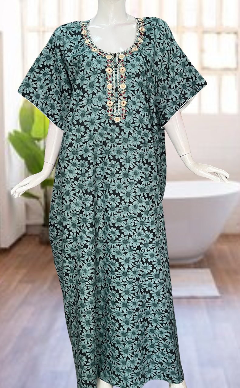 Light Green Floral Soft Cotton Nighty. Soft Breathable Fabric | Laces and Frills