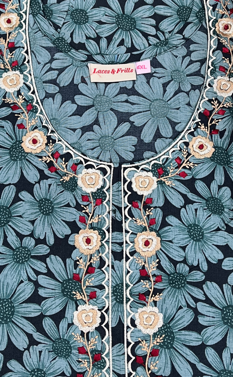 Light Green Floral Soft Cotton Nighty. Soft Breathable Fabric | Laces and Frills