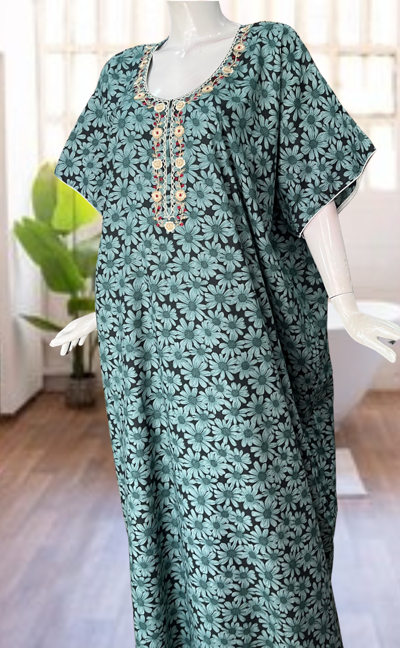 Light Green Floral Soft Cotton Nighty. Soft Breathable Fabric | Laces and Frills