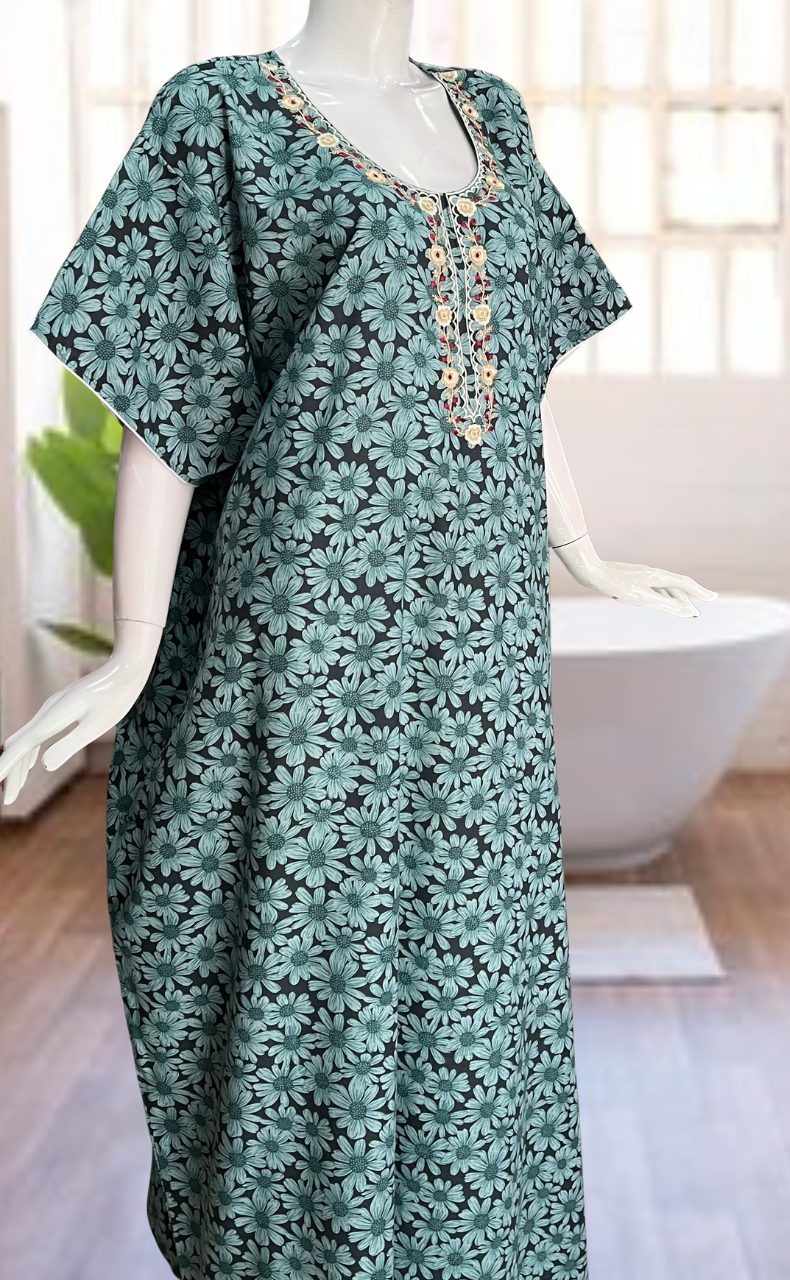 Light Green Floral Soft Cotton Nighty. Soft Breathable Fabric | Laces and Frills