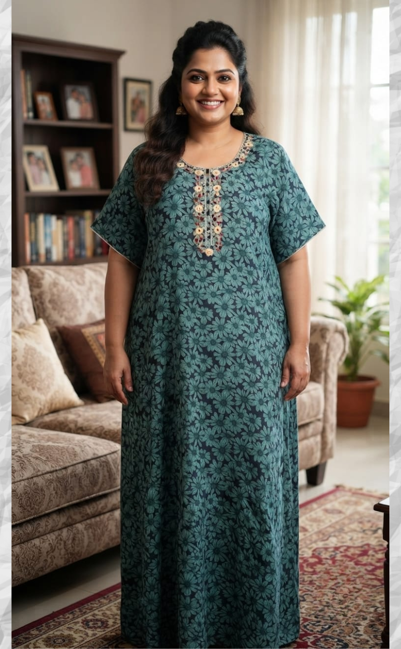 Light Green Floral Soft Cotton Nighty. Soft Breathable Fabric | Laces and Frills