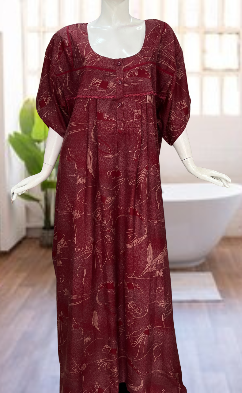Maroon Abstract Spun Nighty. Flowy Spun Fabric | Laces and Frills