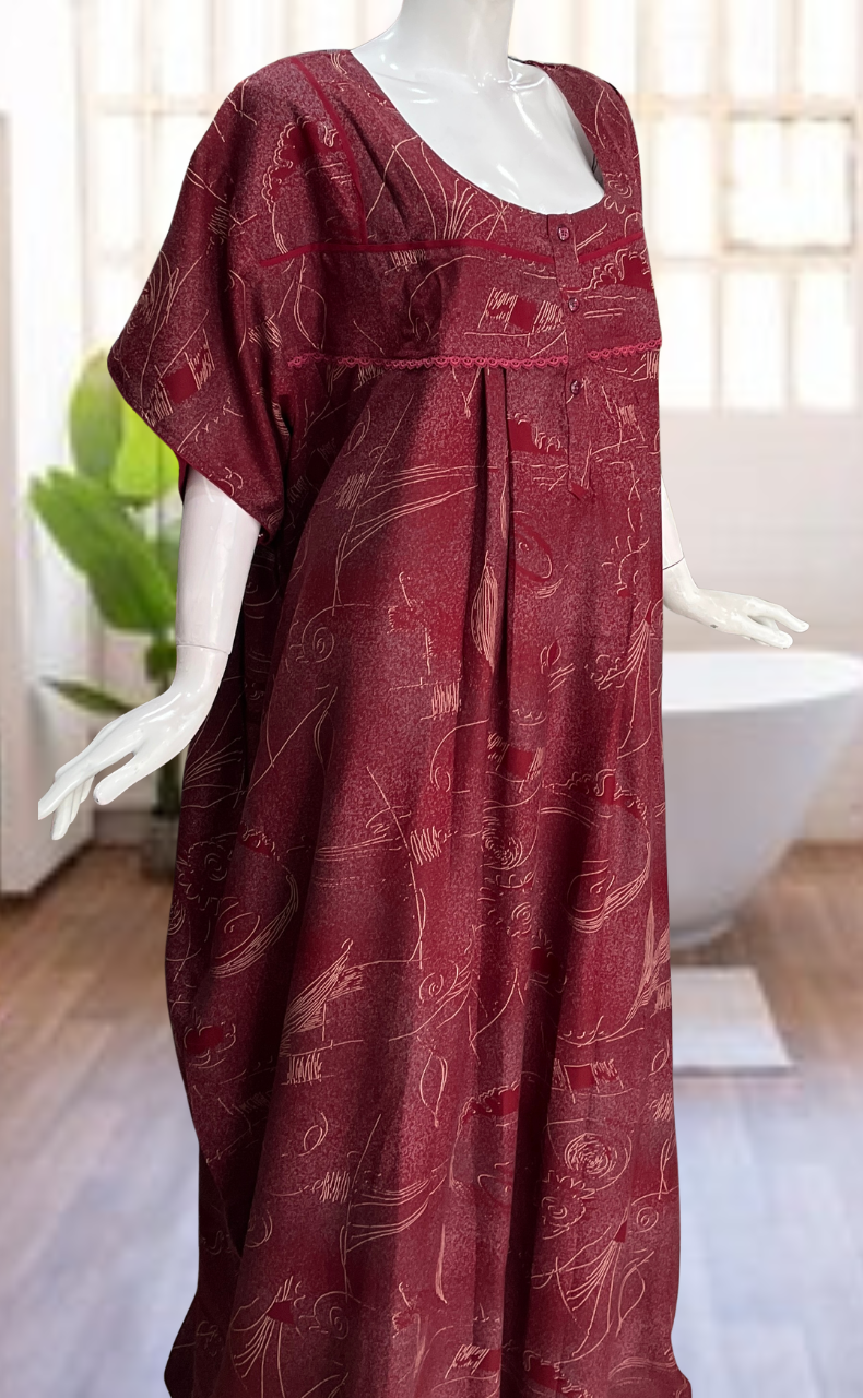 Maroon Abstract Spun Nighty. Flowy Spun Fabric | Laces and Frills