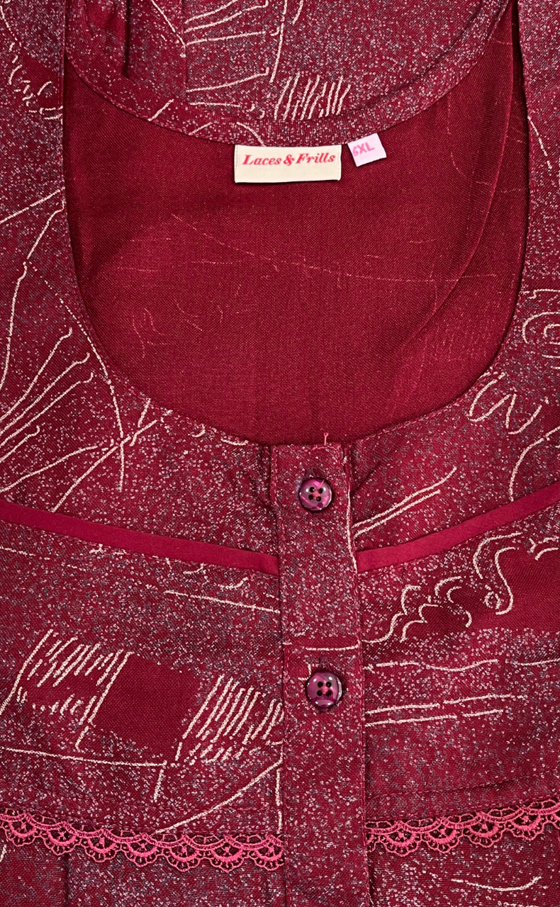 Maroon Abstract Spun Nighty. Flowy Spun Fabric | Laces and Frills