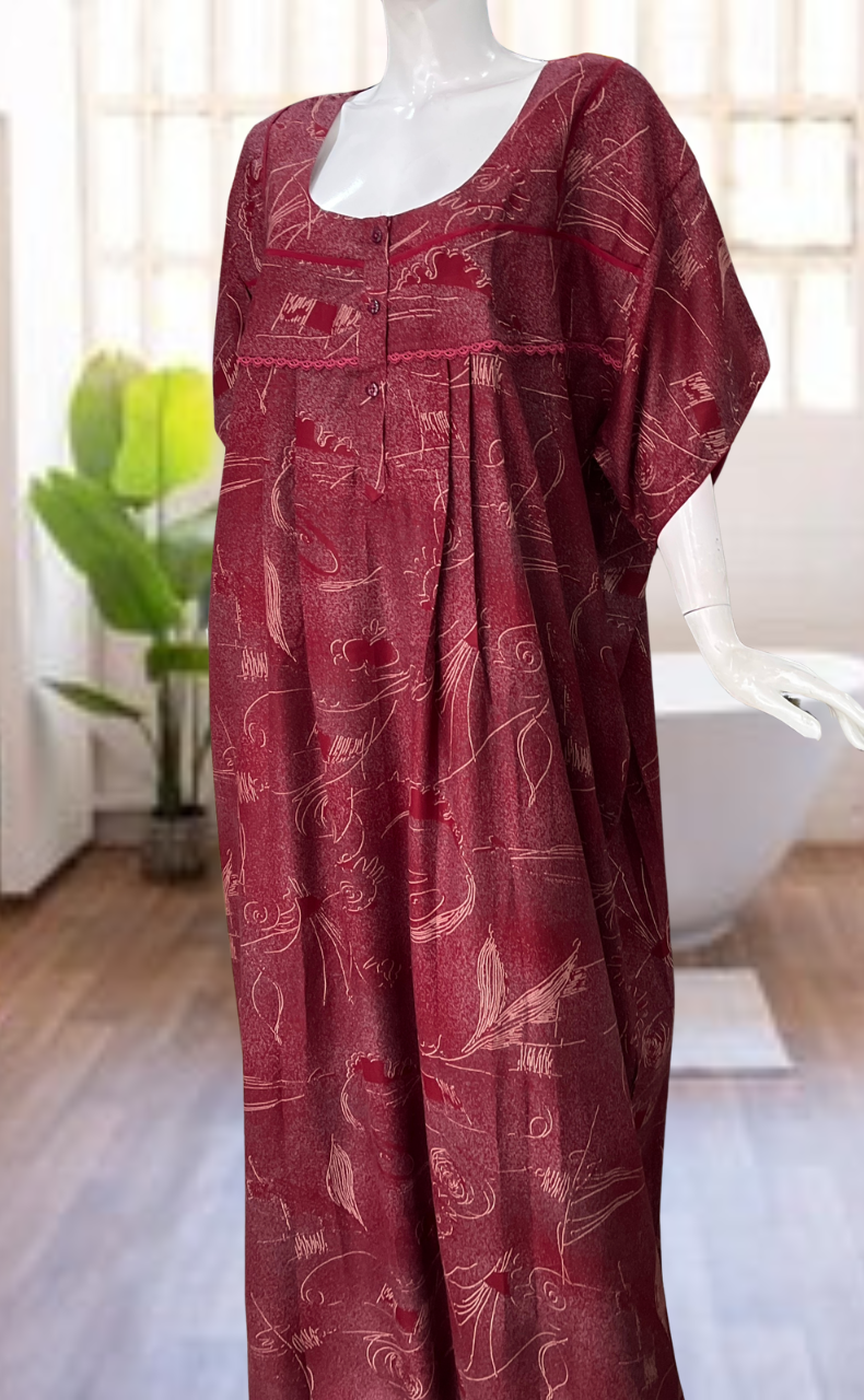Maroon Abstract Spun Nighty. Flowy Spun Fabric | Laces and Frills