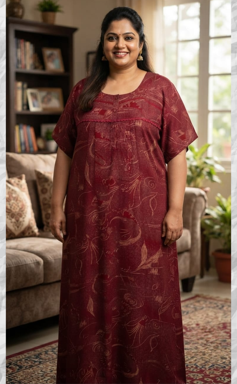 Maroon Abstract Spun Nighty. Flowy Spun Fabric | Laces and Frills