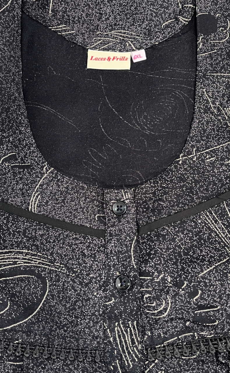 Black Abstract Spun Nighty. Flowy Spun Fabric | Laces and Frills