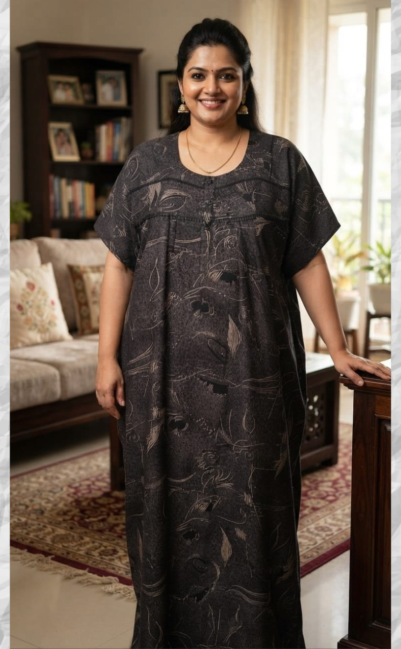Black Abstract Spun Nighty. Flowy Spun Fabric | Laces and Frills