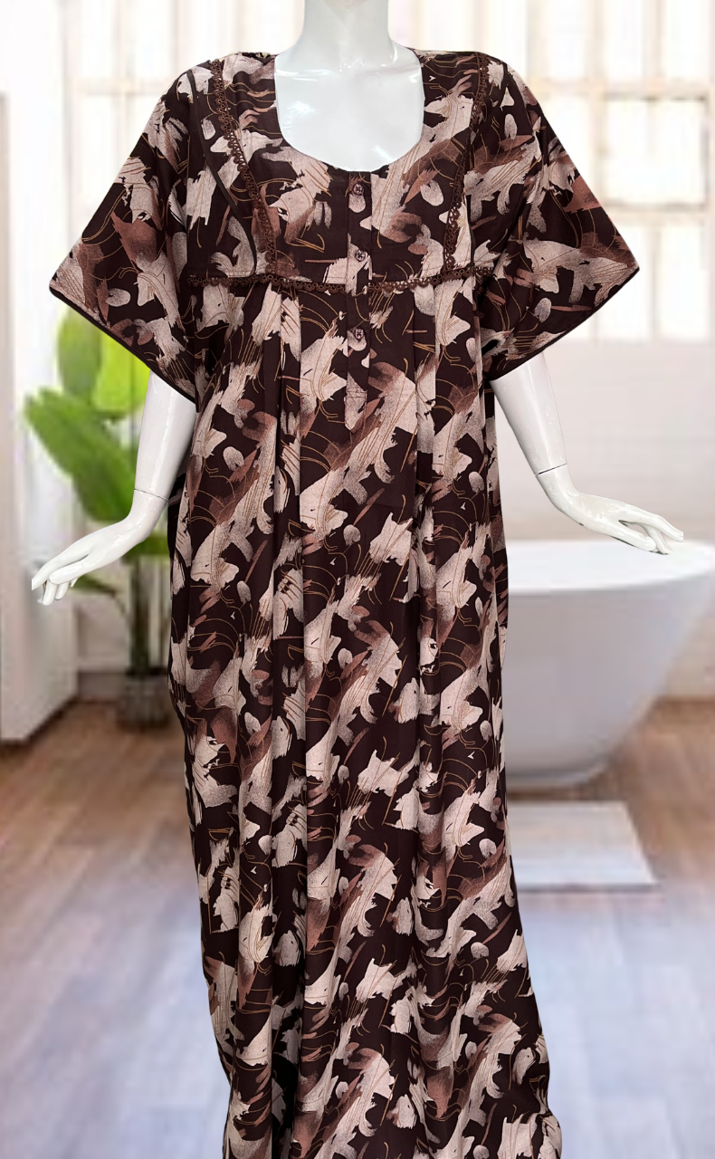 Brown Abstract Spun Nighty. Flowy Spun Fabric | Laces and Frills