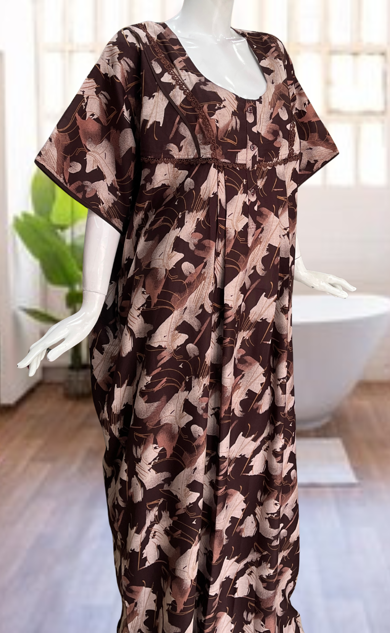 Brown Abstract Spun Nighty. Flowy Spun Fabric | Laces and Frills