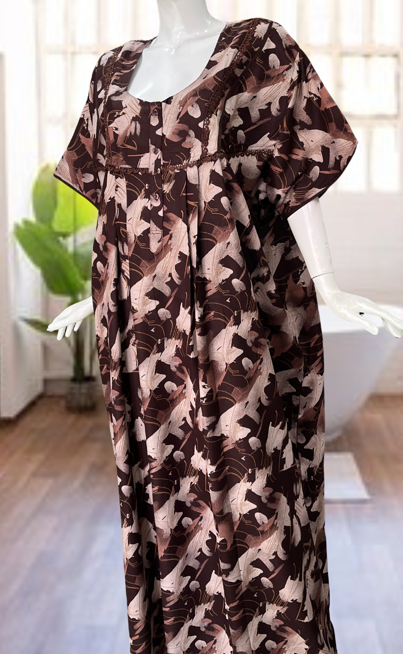 Brown Abstract Spun Nighty. Flowy Spun Fabric | Laces and Frills