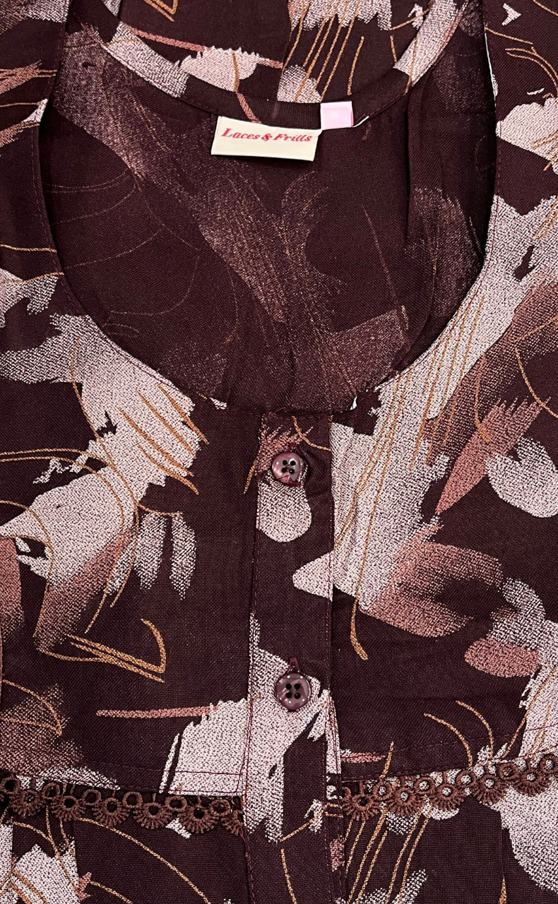 Brown Abstract Spun Nighty. Flowy Spun Fabric | Laces and Frills