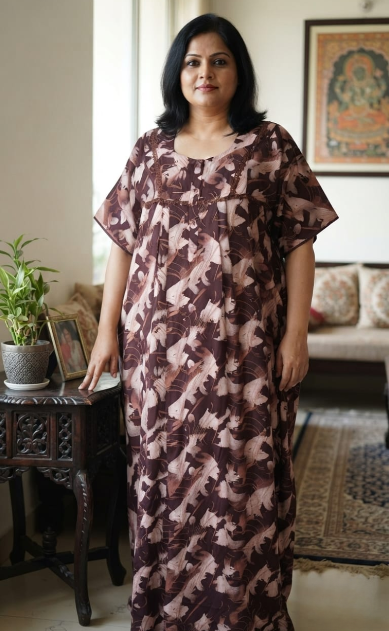 Brown Abstract Spun Nighty. Flowy Spun Fabric | Laces and Frills
