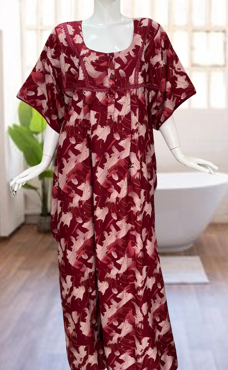 Maroon Abstract Spun Nighty. Flowy Spun Fabric | Laces and Frills